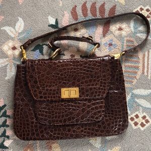 Rebecca Minkoff Brown Croc-Embossed Leather Shoulder Bag with Gold Hardware